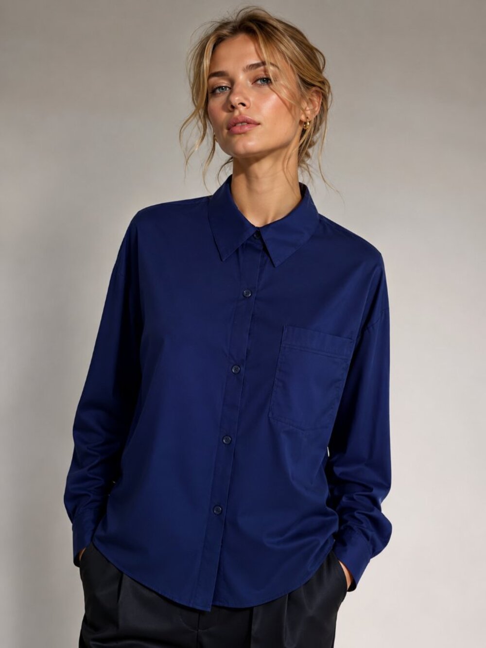 Nordstrom Oversized Tunic Button Front Shirt Navy Blue Small
